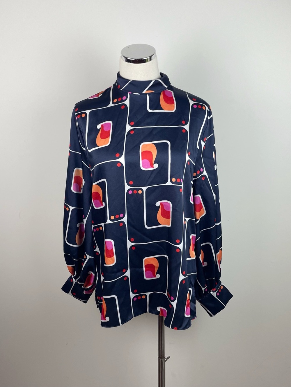 Zara High Neck Satin Style Geometric Retro Navy Blue Orange Pink Blouse Top New